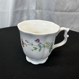 Nantucket Home Floral Tea Cup White Ceramic Scalloped Purple Pink Flowers Mug